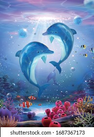 Pod of lovable dolphin family playing together in colorful tropical ocean, with dreamy sunlight shining through water, 3d illustration