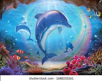 Pod of lovable dolphins chasing one another in colorful tropical ocean with beautiful rainbow encircling, 3d illustration