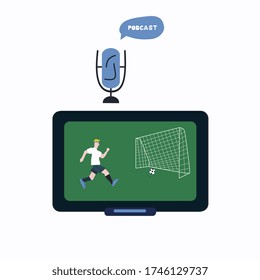 Podcast about a football match on TV. Banner. Photo on a t-shirt.