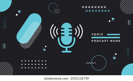 Plantilla abstracta de podcast con Vector de diseño de logotipo, micrófono y Formas abstractas: fondo plano moderno, diseño líquido para arte de portada, Anuncios, Web y marca de redes sociales.