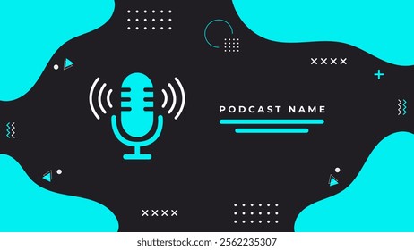 Podcast abstract template with logo design vector, microphone, and abstract shapes – modern flat color background, liquid design for cover art, banners, web, and social media branding.