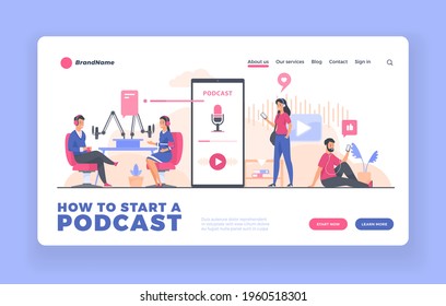 Podcast advertising landing page or poster template. People recording and listening audio podcast. Male and female cartoon characters in headphones making and listen online audio radio streaming