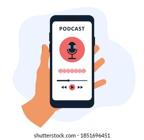 Podcast app in a mobile phone in hand. Listening to music and recording audio broadcast. Logo, user interface or webinar, tutorial podcast concept. Vintage vector illustration in flat cartoon style.