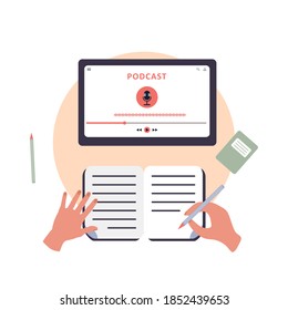 Podcast app on digital tablet. Listening to courses and audio broadcast. Logo and user interface for webinar, tutorial podcast, online education. Vintage vector illustration in flat cartoon style.