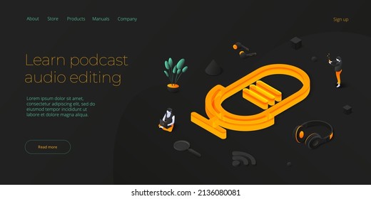 Podcast-Anwendungskonzept in isometrischer Vektorgrafik. Digitaler Rundfunk oder Online-Streaming-Dienst über Smartphone. Webbanner-Layoutvorlage.