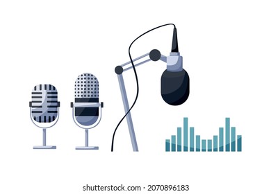 Podcast and ASMR concept. Vector cartoon illustration of microphone collection.