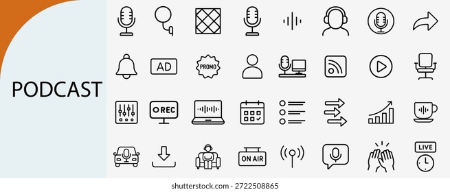 “podcast de Profesional y transmisión de audio conjunto de iconos lineales, Vector de estudio de radio”