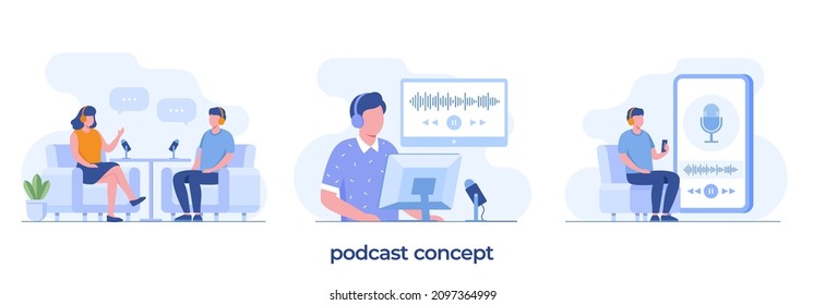 Podcast, audio, broadcasting, live streaming, concept illustration flat vector template and background