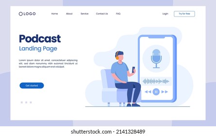 Podcast, audio, broadcasting, live streaming, concept illustration flat vector template landing page