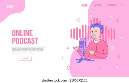 Podcast or audio content web banner or landing page template. Flat vector illustration of podcaster with microphone. Abstract shapes, pink background