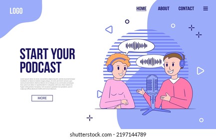 Banner web de contenido de audio o podcast o plantilla de página de inicio. Ilustración vectorial plana con dos presentadores de podcast, formas geométricas abstractas