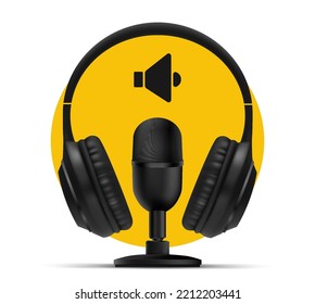 Podcast audio equipment. Audio microphone, sound headphones, podcast application on mobile smartphone screen. Recording sound voice on dark background. Live online radio player mockup banner.