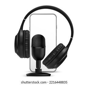 Podcast audio equipment. Audio microphone, sound headphones, podcast application on mobile smartphone screen. Recording sound voice on dark background. Live online radio player mockup banner.