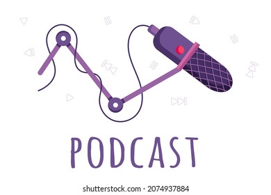 Podcast and audio icon set in a flat style, isolated on a white background. Microphone, record, music wave icon collection. Vector illustration