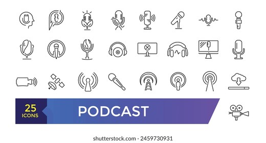 Podcast and Audio icon set. Podcasting, broadcasting and entertainment icons.