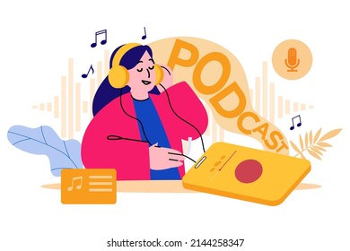 Concepto de ilustración de audio podcast. Ilustración plana aislada en fondo blanco