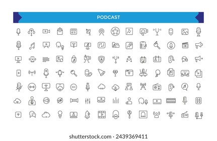 Podcast and Audio line icon set vector. Web icons in line style. Learning icons for web and mobile app. E-learning, video tutorial, knowledge, study.