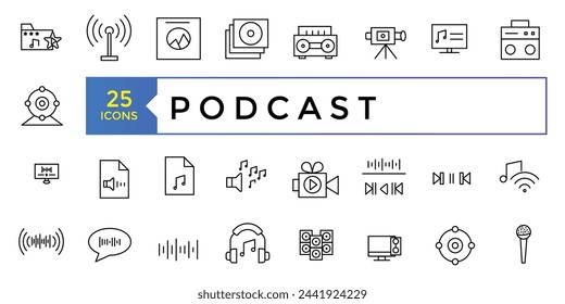 Podcast and Audio line icon set. E-learning, education, online school, webinar thin line icons. For website marketing design