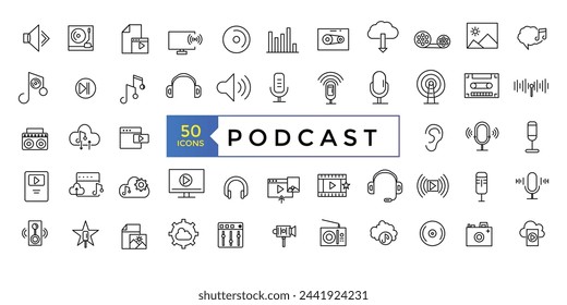 Podcast and Audio line icon set. E-learning, education, online school, webinar thin line icons. For website marketing design