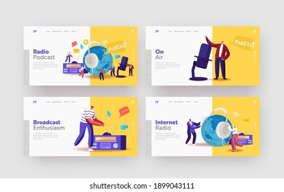 Podcast, Audio Program Online Broadcasting Landing Page Template Set. Tiny Male, Female Characters with Microphone, Radio and Headset at Earth, Audio Livestream. Cartoon People Vector Illustration