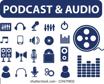 podcast & audio signs, icons set, vector