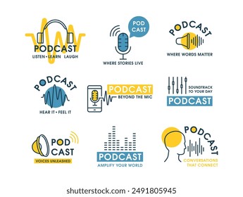 Podcast audio sound show listening line label design template set vector flat illustration. Radio broadcasting interview audience conversation live discussion emblem with microphone headphones