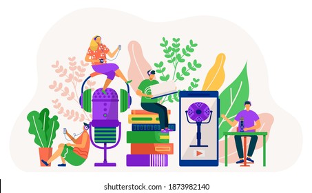 Podcast audio technology with microphone, online radio at smartphone vector illustration. Man woman character listen sound from headset. Cartoon broadcast element for people banner.