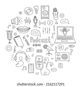 Fondo de podcast en icono redondo de estilo doodle con símbolos electrónicos, grabado a mano. Símbolos de texto y podcast aislados en fondo blanco. Vector de traducción.