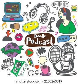 Podcast background set with hand-drawn doodles Objects related to podcasts ,Each on a separate layer.