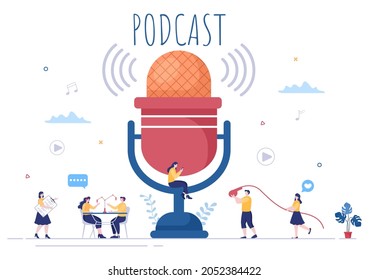 Podcast Background Vector illustration People Using Headset To Record Audio, Host Interviewing Guest or Online Show With Sound Recording Equipment and Microphone Concept