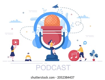 Podcast Background Vector illustration People Using Headset To Record Audio, Host Interviewing Guest or Online Show With Sound Recording Equipment and Microphone Concept
