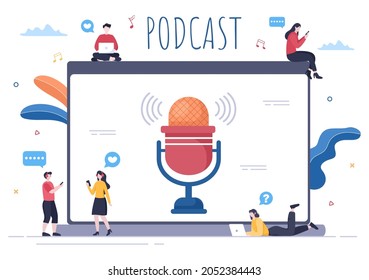 Podcast Background Vector illustration People Using Headset To Record Audio, Host Interviewing Guest or Online Show With Sound Recording Equipment and Microphone Concept