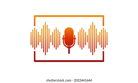 Podcast badge icon with soundwaves, linear gradient colors from yellow to red. Broadcasting, podcasting, music streaming. White background.