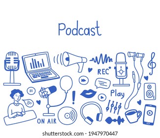 Podcast banner with copy space, various microphones, equipment, headphones, audio, sound images. Vector template in doodle style, for websites, advertisement and flyers.