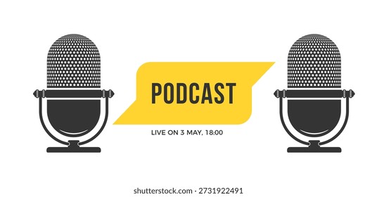 Diseño de Anuncio de podcast con dos micrófonos de estilo vintage y burbuja de discurso amarillo con texto de podcast