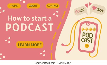 Podcast banner. Hand-drawn vector illustration print with podcast elements, headphones, speech bubbles, microphone
