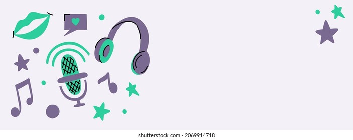 Podcast banner with professional microphone, lips, headphones, musical notes. Broadcasting or recording studio vector illustration for cover design, blogs and social media. Doodle hand drawn style.