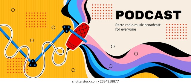 Podcast banner. Retro radio and music broadcast logo. Grunge voice record studio. Mic or sound streaming icons. Color audio microphone. Abstract shapes. Social media blogging. Vector garish background