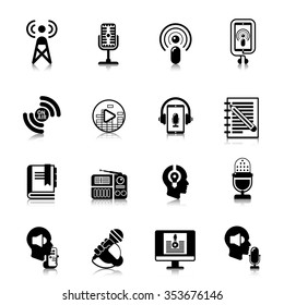 Podcast black icons for channel concept or report presentation or website isolated vector illustration