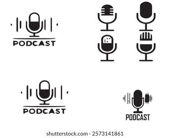 Podcast black liner icon collection. Set of microphone icons. microphone logo design podcast audio button thin line icon set. Containing music, sound, speaker volume, play, video, pause, 