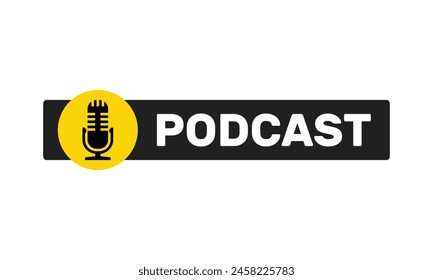 podcast black yellow vector icon, microphone symbol in circle, voice recording label, online radio show banner