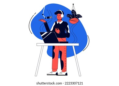 Podcast blue concept with people scene in the flat cartoon style. Man records a podcast in the special studio for the radio. Vector illustration.
