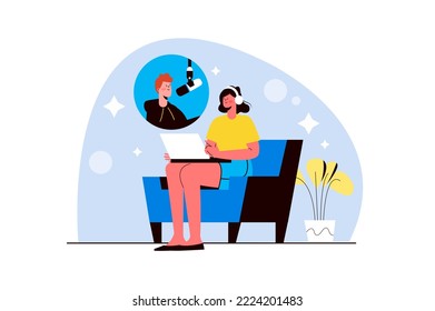Podcast blue concept with people scene in the flat cartoon design. Girl in headphones listens to a radio host's podcast. Vector illustration.