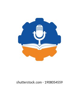 Diseño del logotipo vectorial de la forma del engranaje del libro de podcast. Concepto del logo del podcast sobre educación.