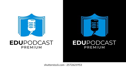 Podcast book logo design icon vector template. Podcast education with microphone symbol logo design. Voice musician logo with book, microphone, graduation hat illustration vector graphic.