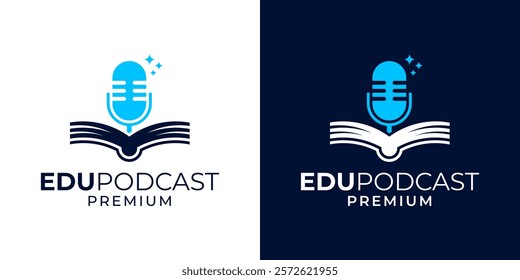 Podcast book logo design icon vector template. Podcast education with microphone symbol logo design. Voice musician logo with book, microphone, graduation hat illustration vector graphic.