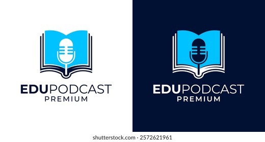 Podcast book logo design icon vector template. Podcast education with microphone symbol logo design. Voice musician logo with book, microphone, graduation hat illustration vector graphic.