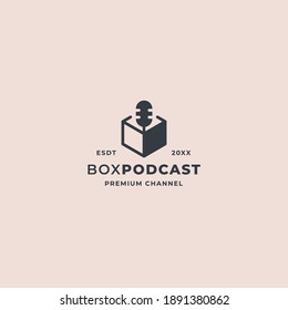 Podcast box logo concept with mic and negative style design for radio, speech, media and record studio company