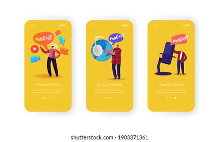 Podcast Broadcast or Audioprogram Livestream Mobile App Page Onboard Screen Template. Tiny Characters with Huge Headset near Microphone and Earth Globe Concept. Cartoon People Vector Illustration