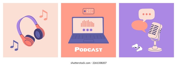 Podcast or broadcast concept. Laptop, headphones, microphone, recording and listening equipment. Hand drawn vector illustration isolated on color background. Flat cartoon style.